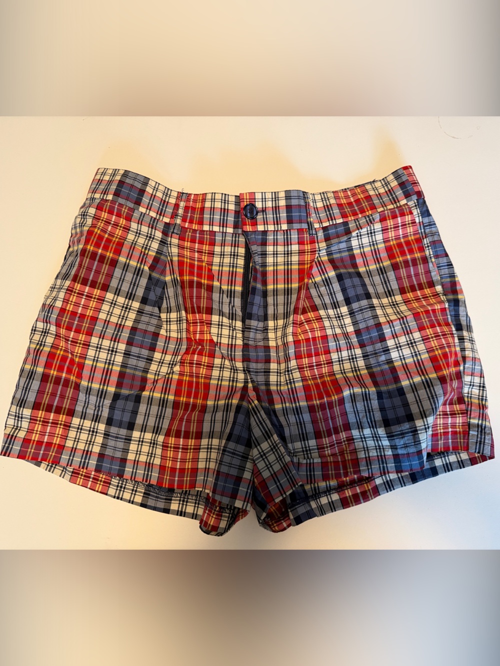 Plaid Flat-Front Women’s Shorts in Red and Blue